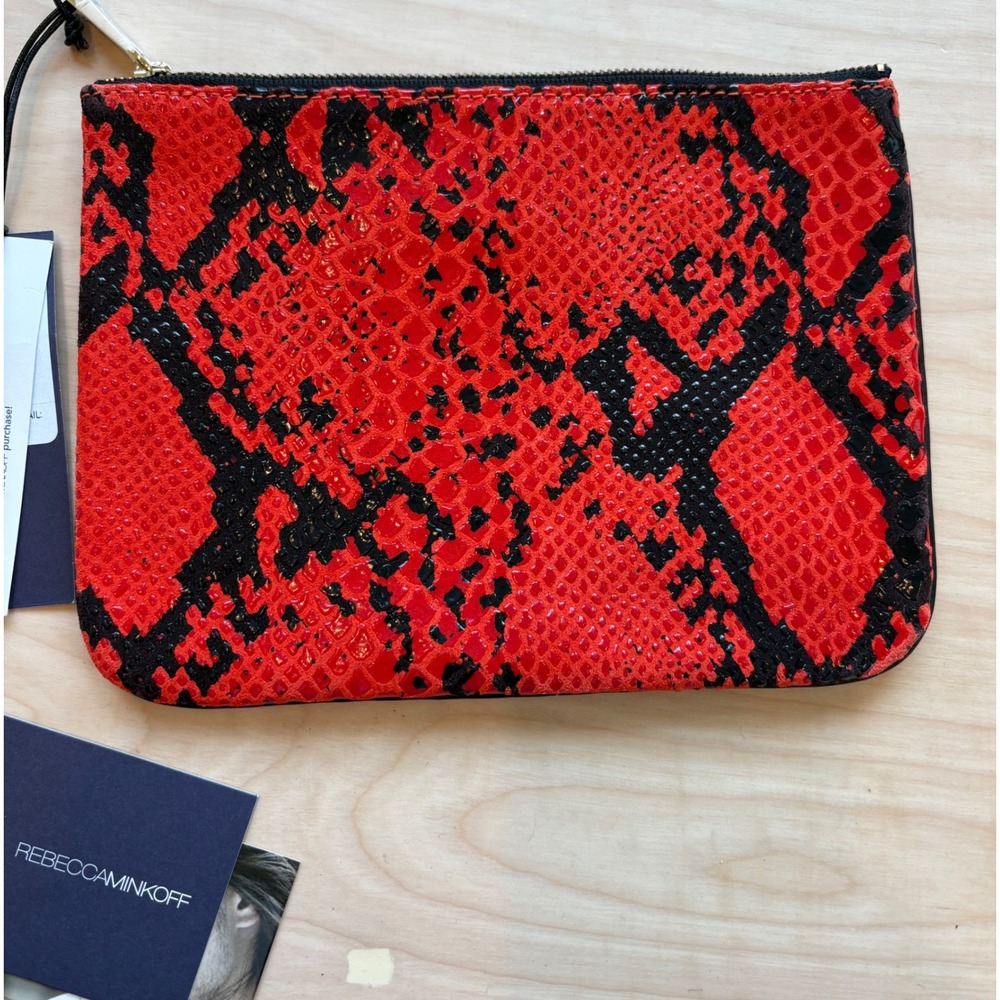 Rebecca Minkoff Erin Clutch Red Black Fluoro Snake Leather Zipper Pouch NEW - Picture 5 of 7